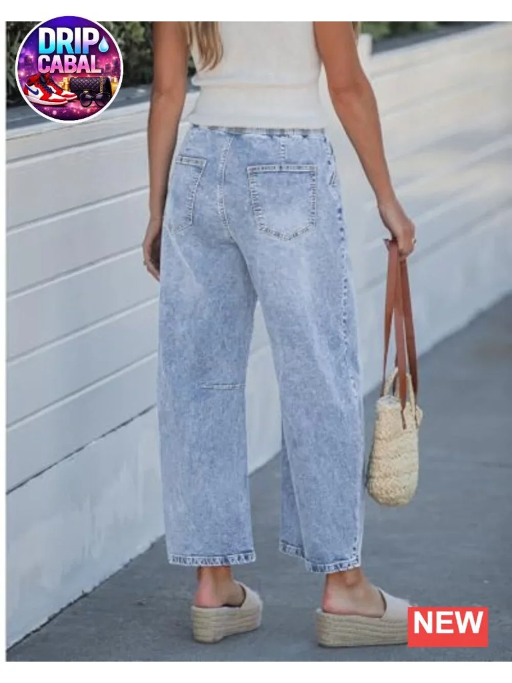 Womens High Rise Barrel Jeans Pull On Elastic Waist Crop Denim Pants Stretchy